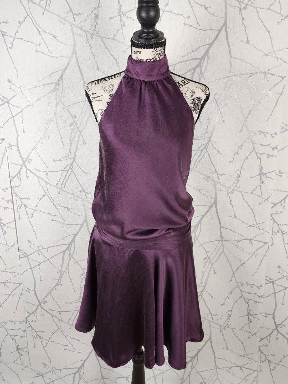 Jacob Purple Silk Satin Dropwaist High Neck Halter Dress